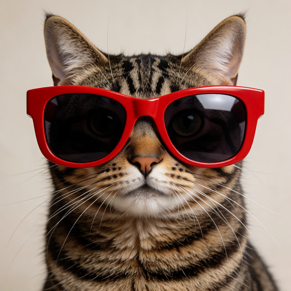 A tabby cat wearing oversized red sunglasses
