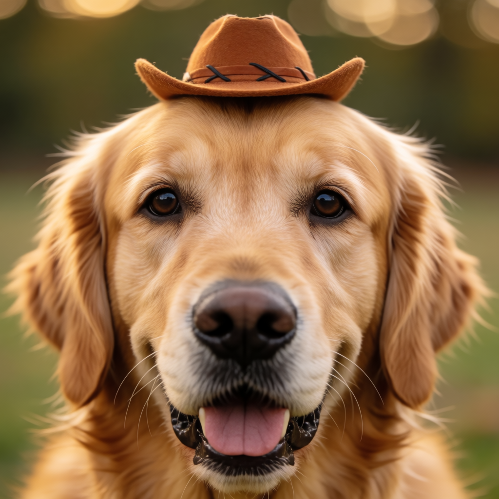 A golden retriever wearing a tiny cowboy hat