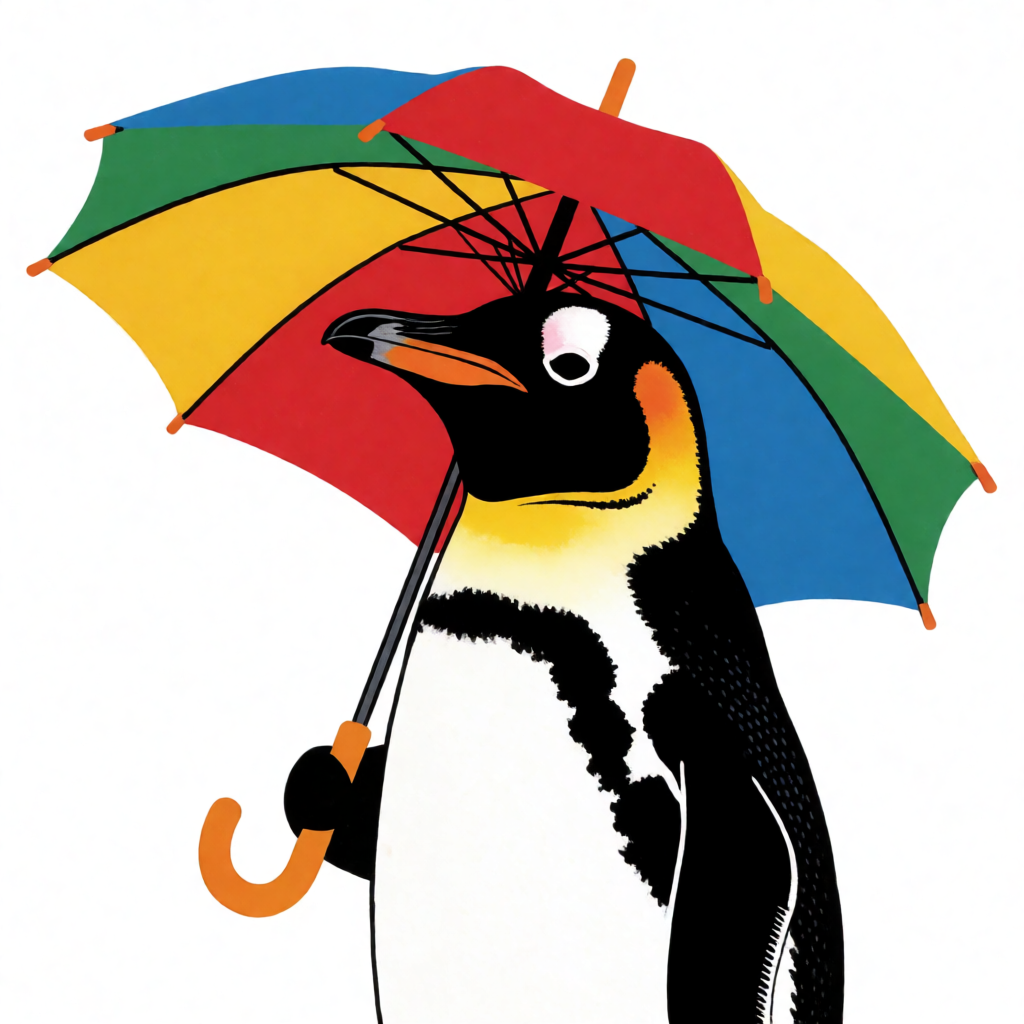 A penguin holding a colorful umbrella