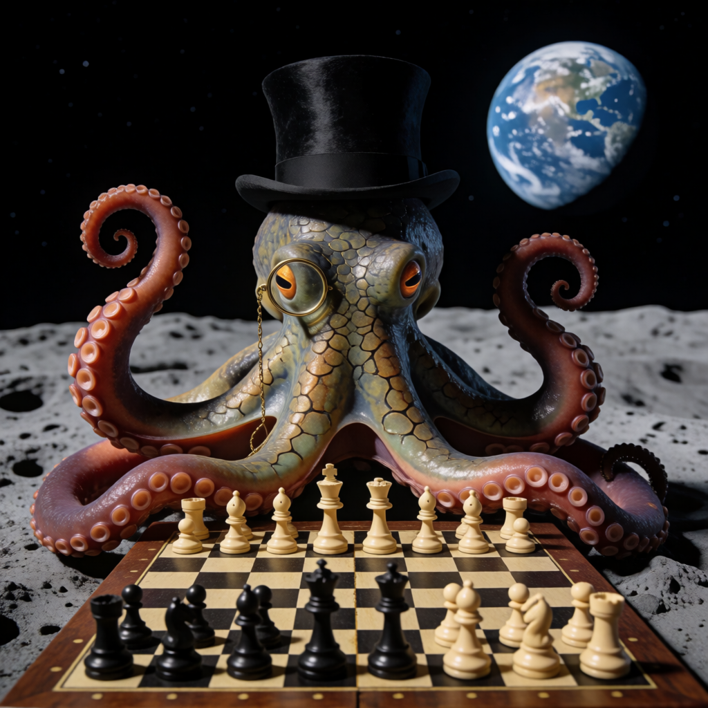An octopus wearing a top hat and monocle playing chess on th