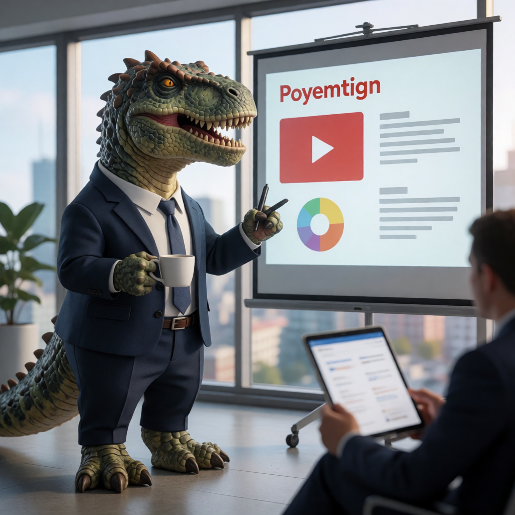 A dinosaur in a business suit giving a PowerPoint presentati