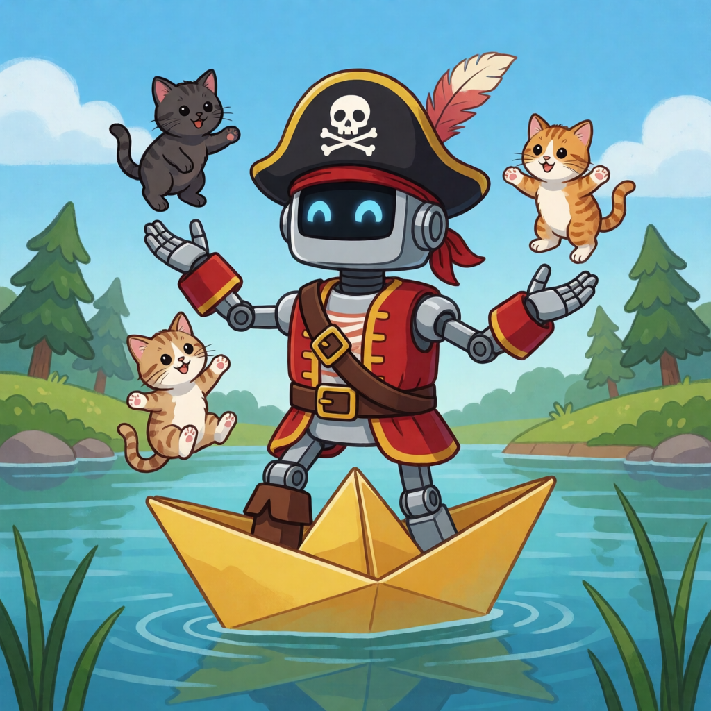 A robot dressed as a pirate sailing a paper boat on a lake o