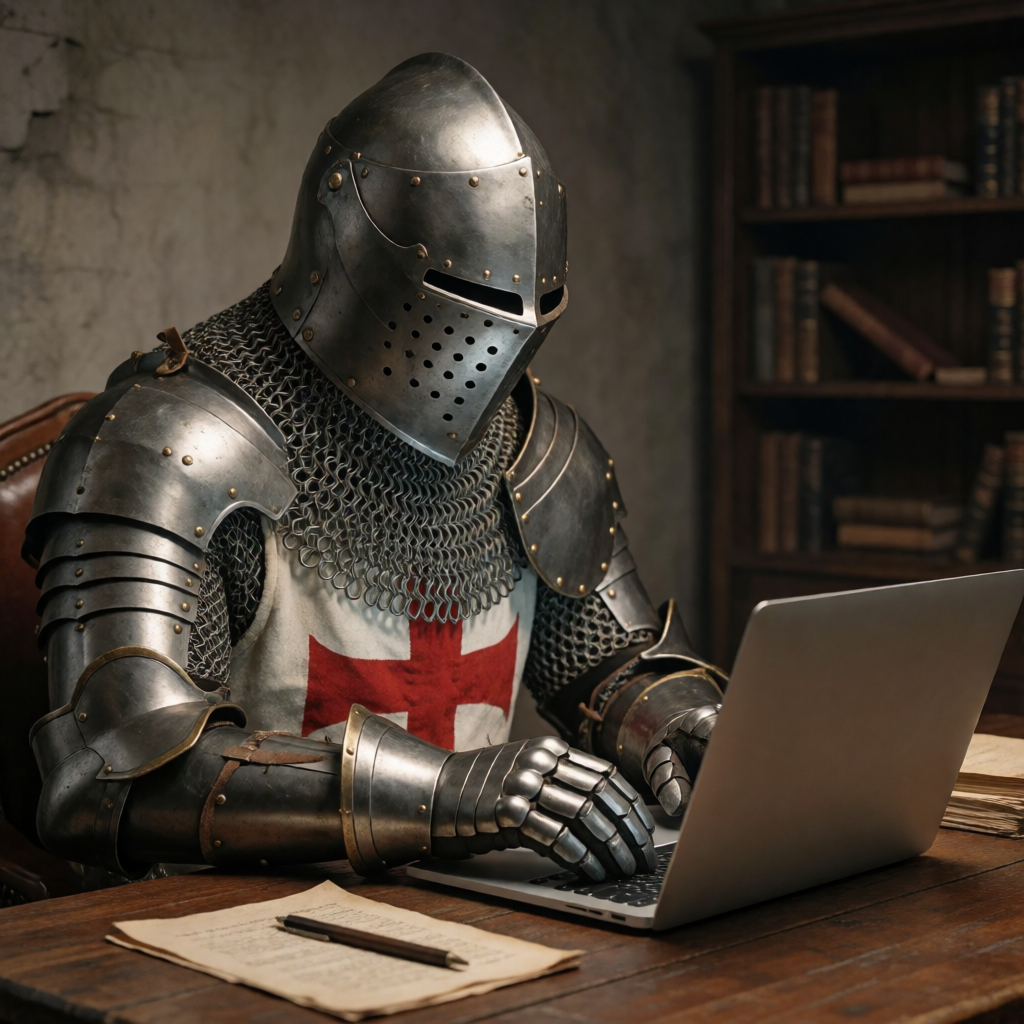 A medieval knight in full armor sitting at a desk typing on 