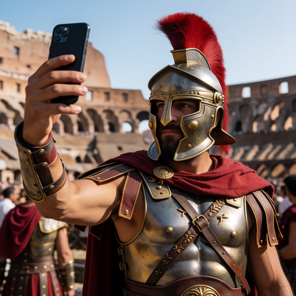 A Roman gladiator taking a selfie with a smartphone in the C