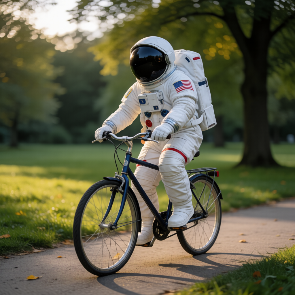 An astronaut in a spacesuit riding a bicycle through a park