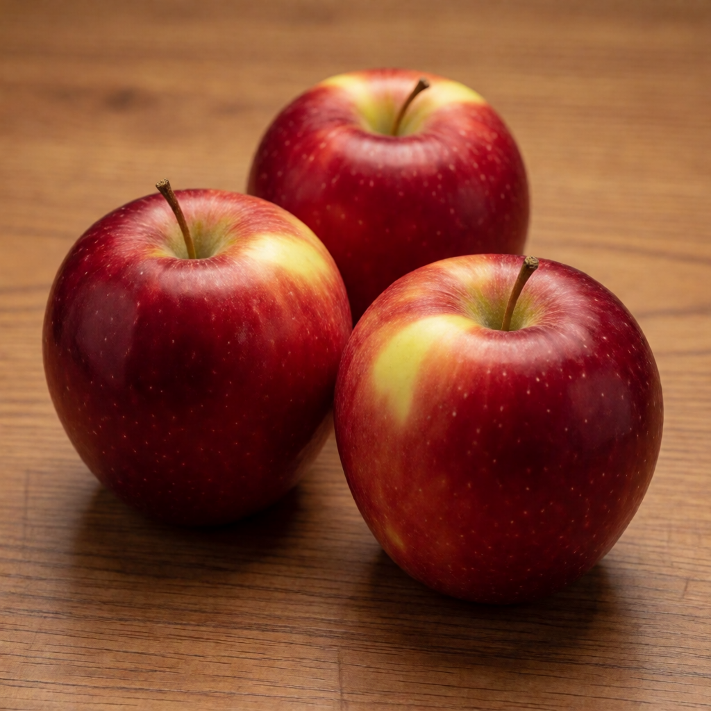 Exactly 3 red apples arranged on a wooden table