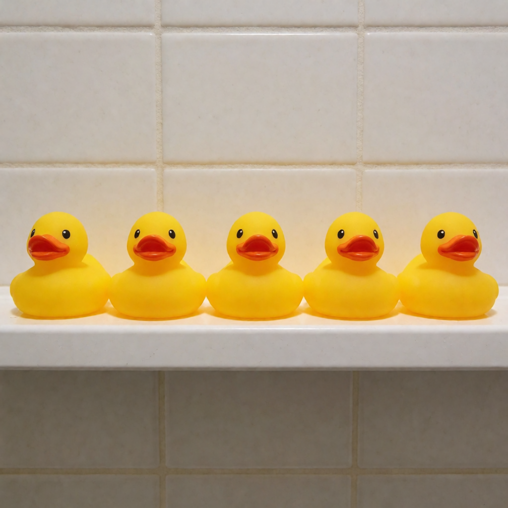 Exactly 5 yellow rubber ducks sitting in a row on a bathroom