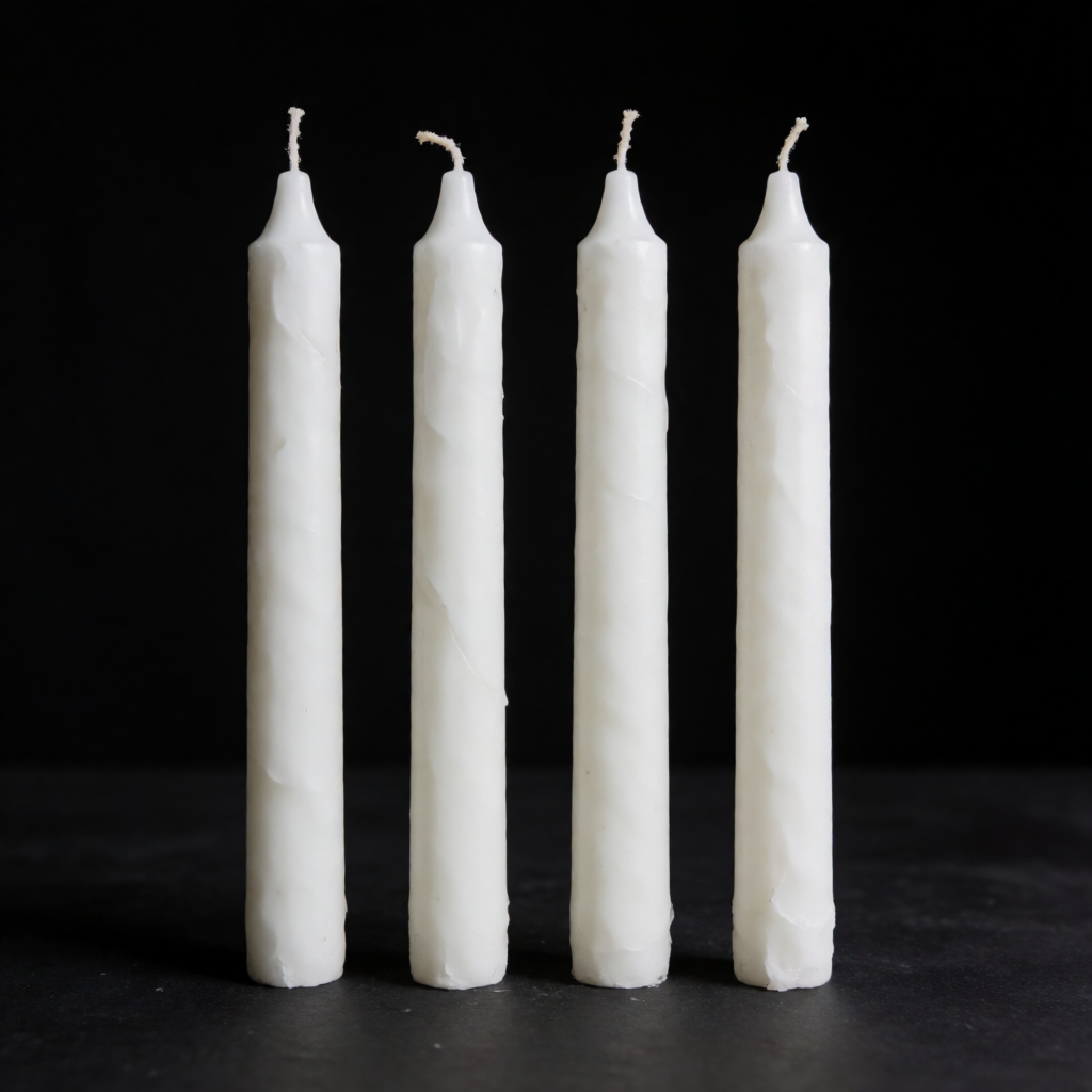 Exactly 4 white candles standing on a dark surface