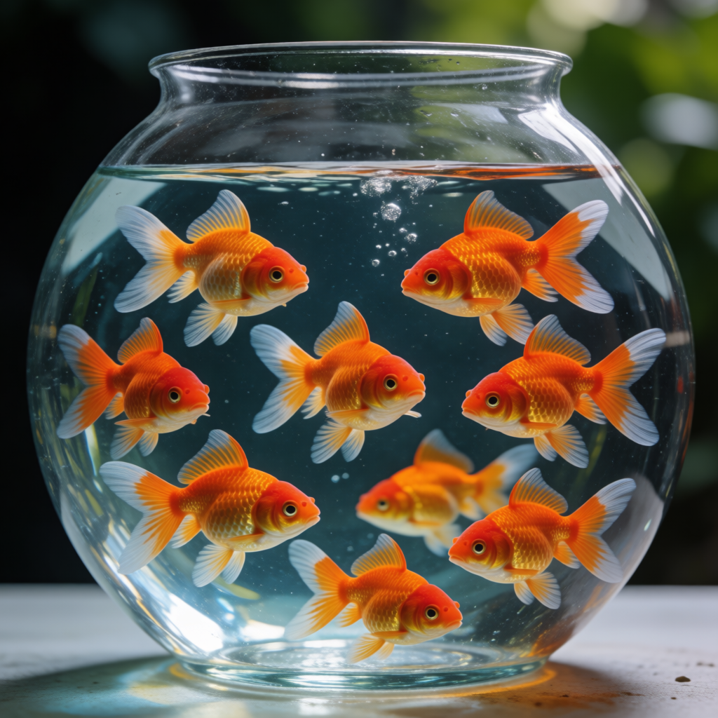 Exactly 9 goldfish swimming in a large round fishbowl