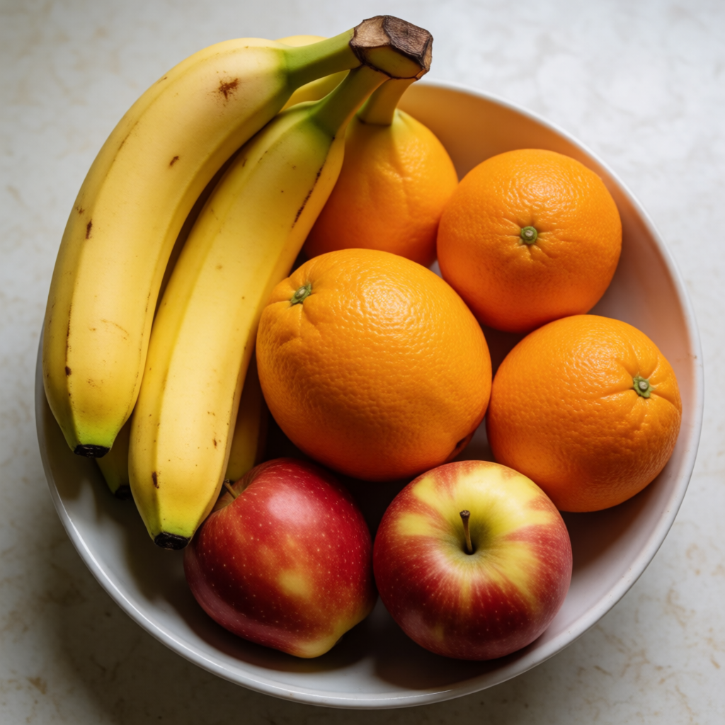 A fruit bowl containing exactly 3 bananas, 4 oranges, and 2 