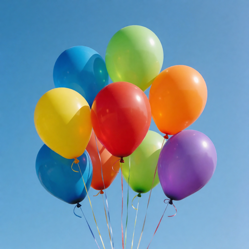 Exactly 11 colorful balloons floating against a clear blue s