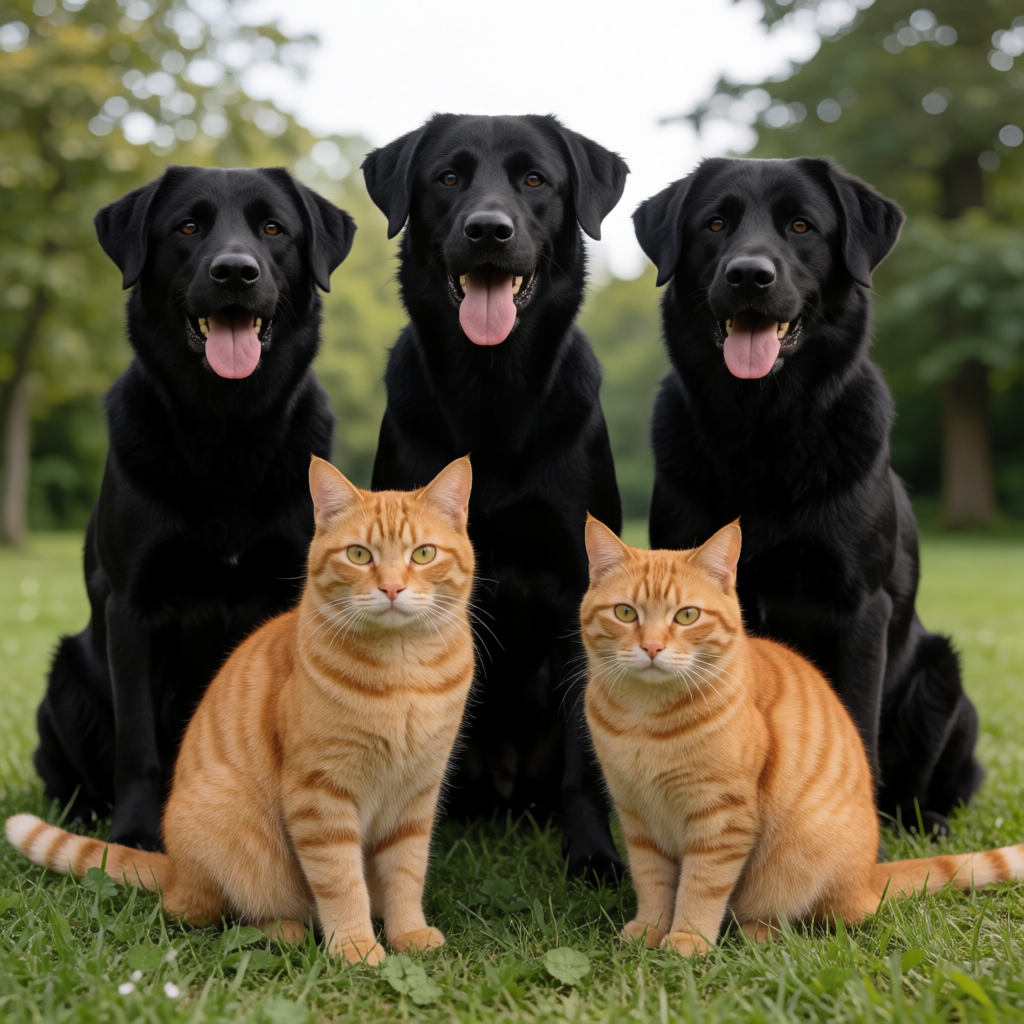 2 orange cats and 3 black dogs sitting together on a grassy 