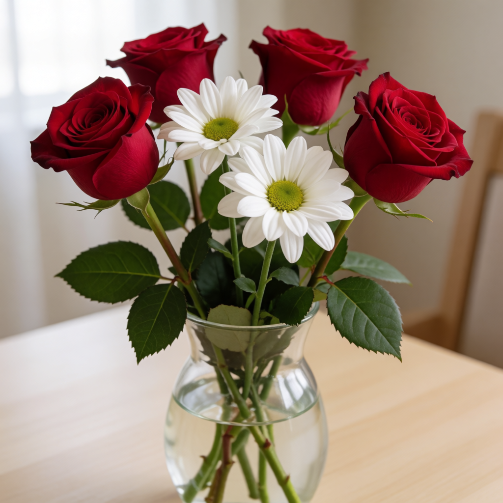 4 red roses and 2 white daisies in a glass vase on a table