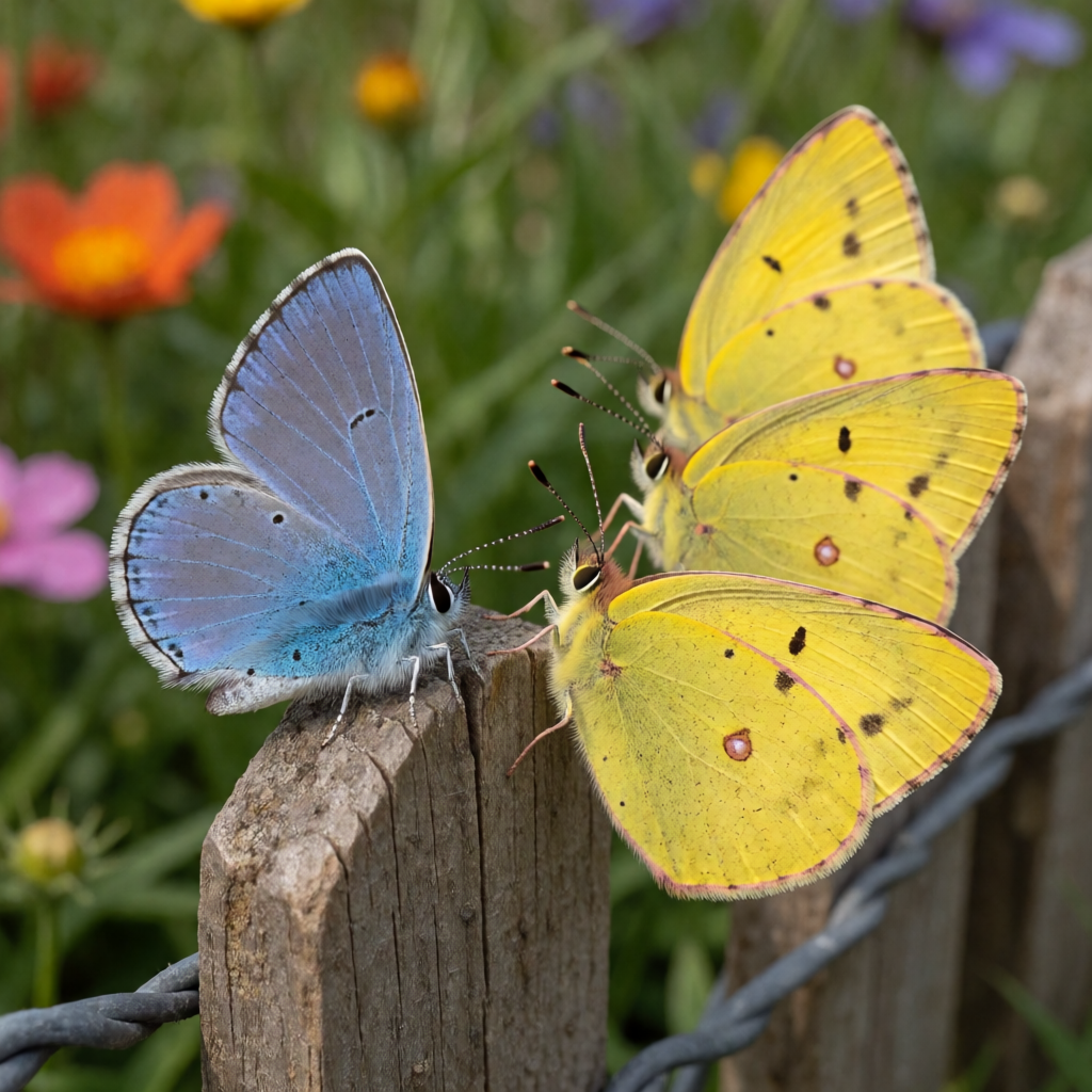 1 blue butterfly and 3 yellow butterflies resting on a garde