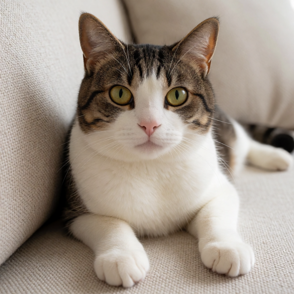 A cat lying on a couch without a collar