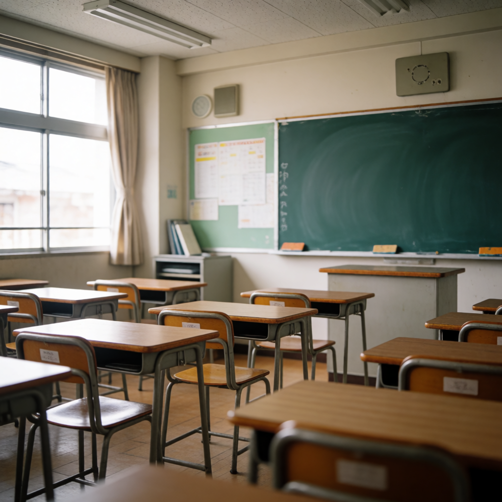 A classroom with desks and a chalkboard but no students