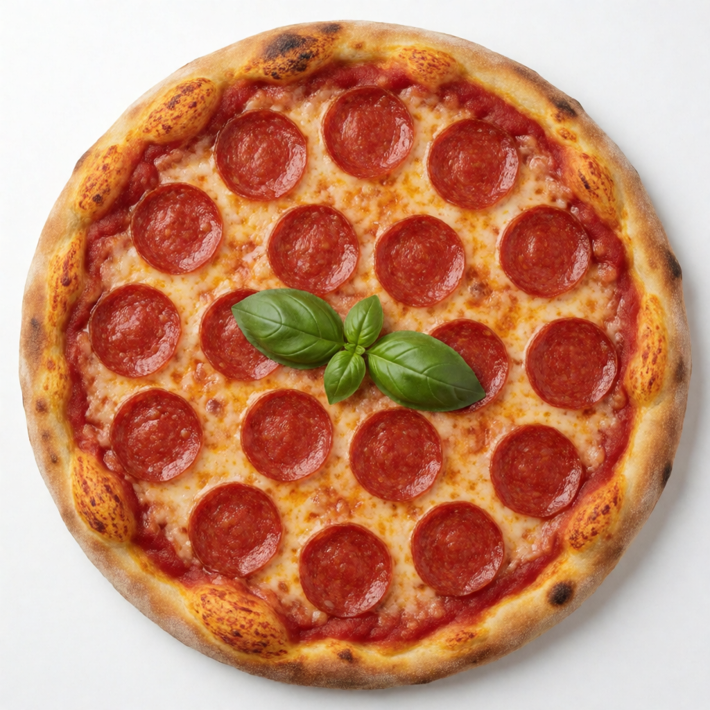 A pepperoni pizza with tomato sauce, basil, and crust but ab