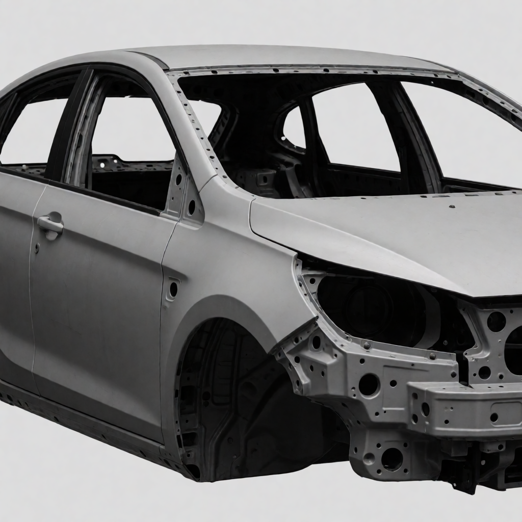 A car body with windows, doors, and headlights but no wheels