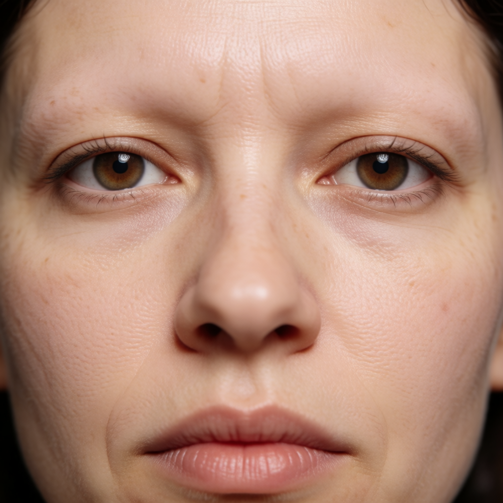 A human face with eyes, nose, and mouth but no eyebrows
