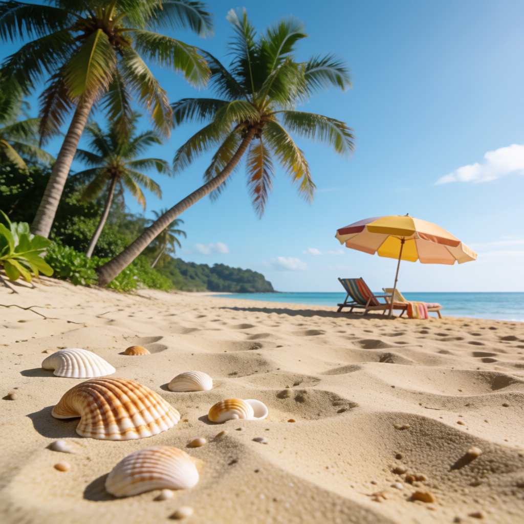 A sandy beach with palm trees, seashells, and a beach umbrel