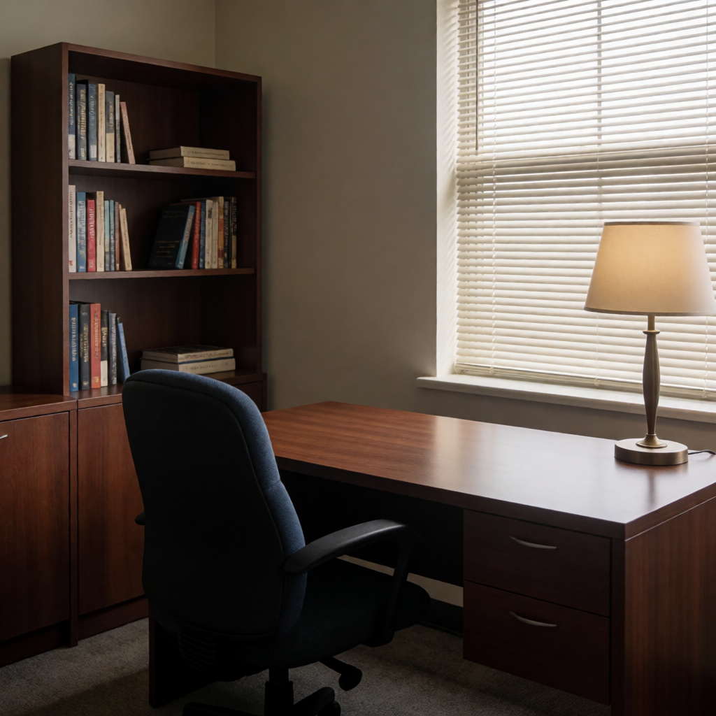 An office workspace with a desk, chair, bookshelf, and lamp 