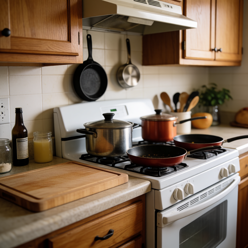 A kitchen with pots, pans, a stove, and a cutting board but 