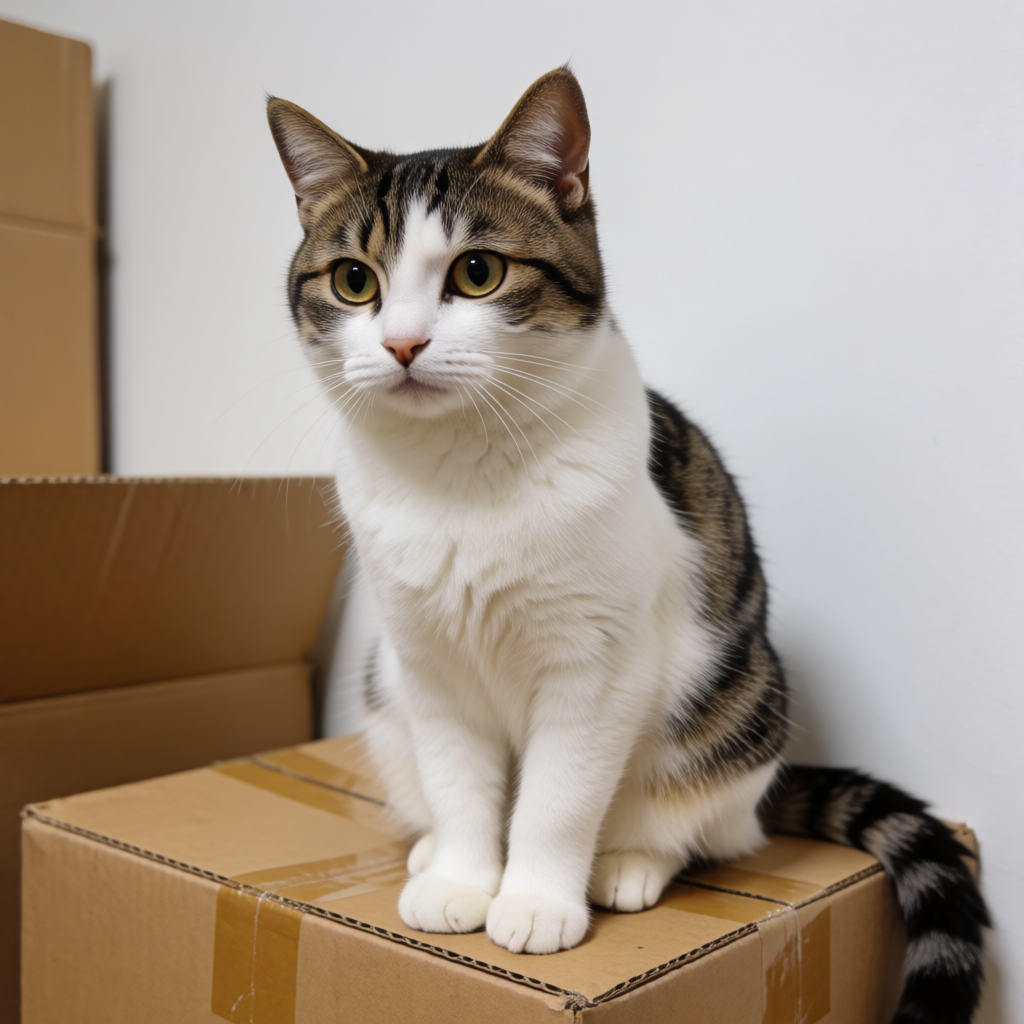 A cat sitting on top of a cardboard box