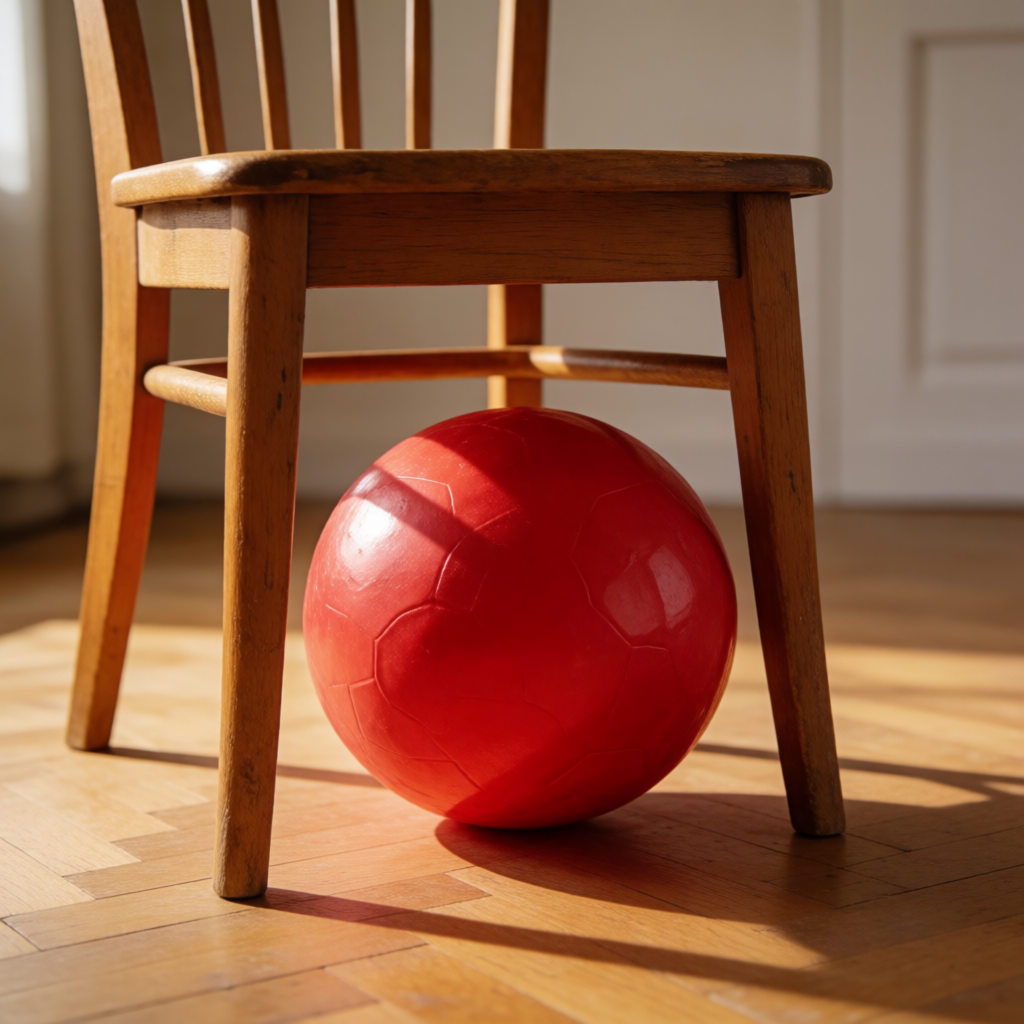 A red ball underneath a wooden chair