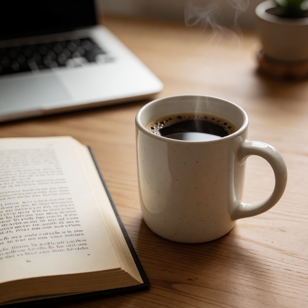 A coffee mug next to an open book on a desk