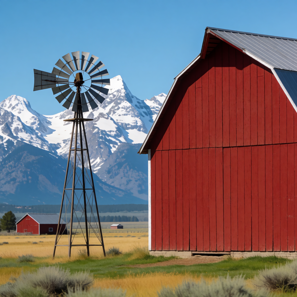 A landscape with a red barn in the foreground at large scale