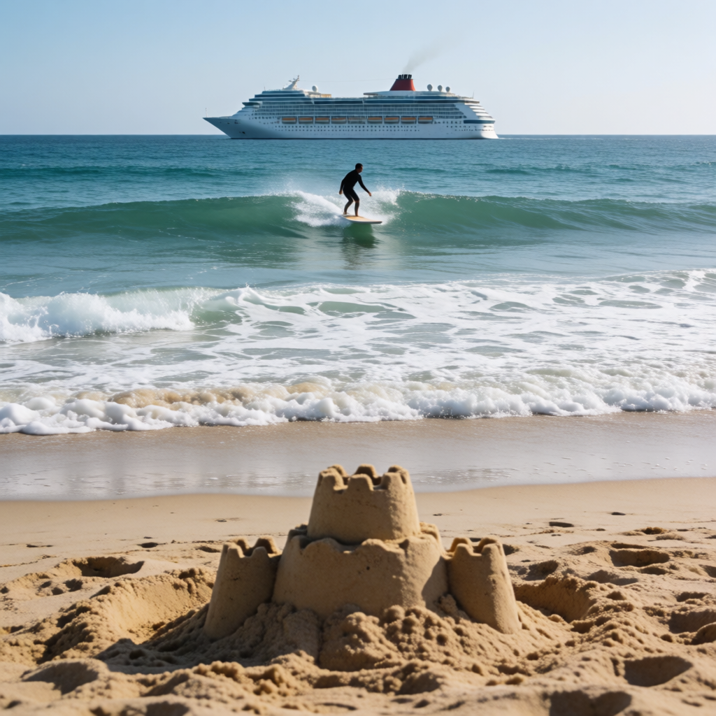 A beach scene with a sandcastle in the foreground, a surfer 
