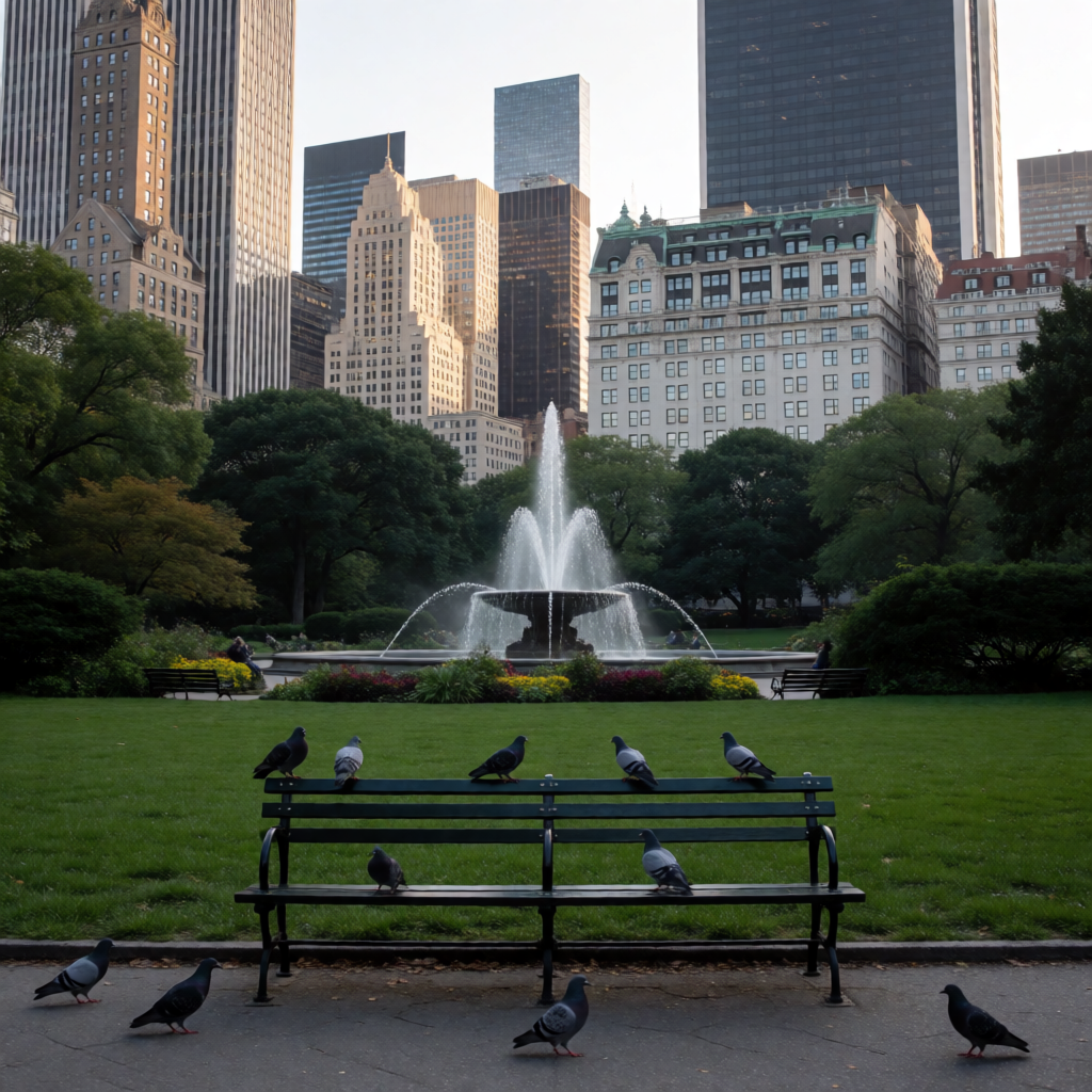 A city park with a park bench and pigeons in the foreground,