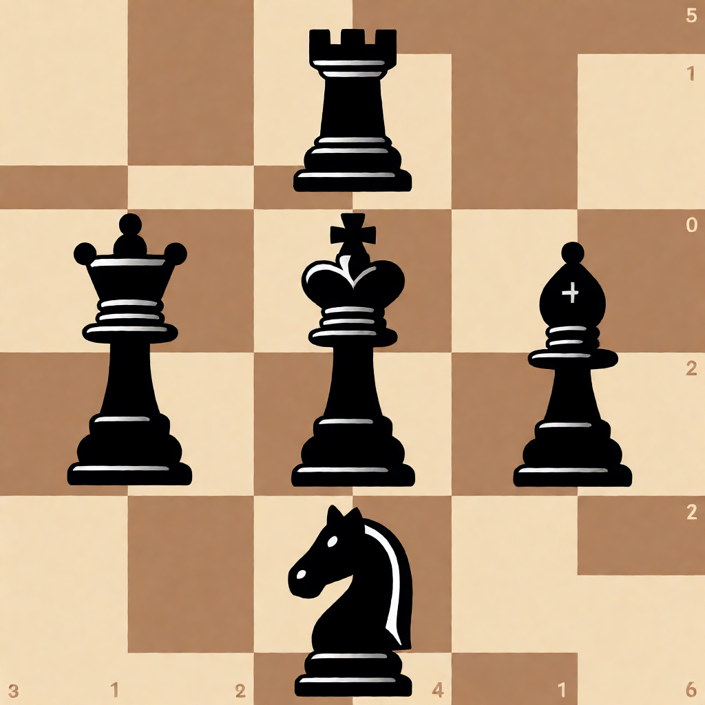 Five chess pieces on a board: a king in the center, a queen 