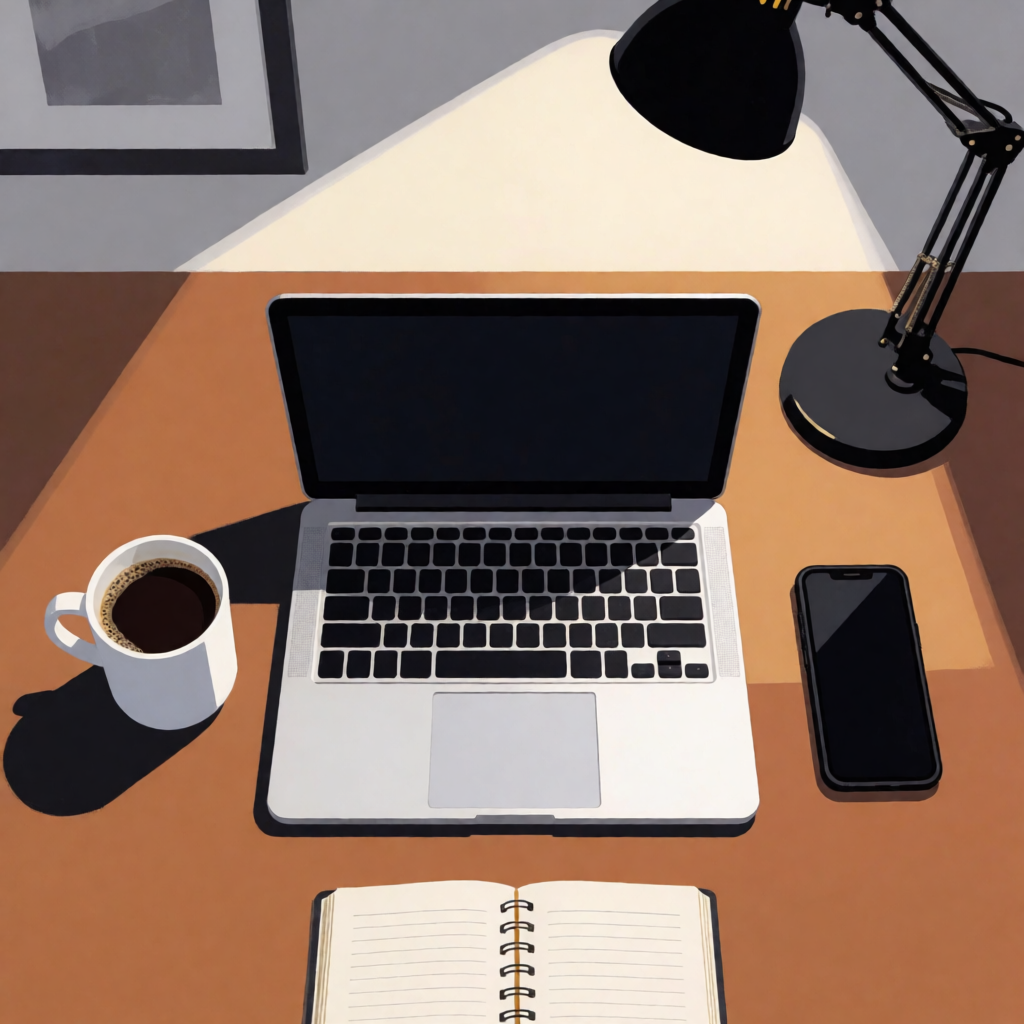 A desk scene: laptop in the center, coffee mug to the left, 