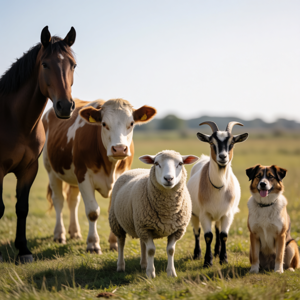 Five animals in a field: a horse on the far left, a cow to t