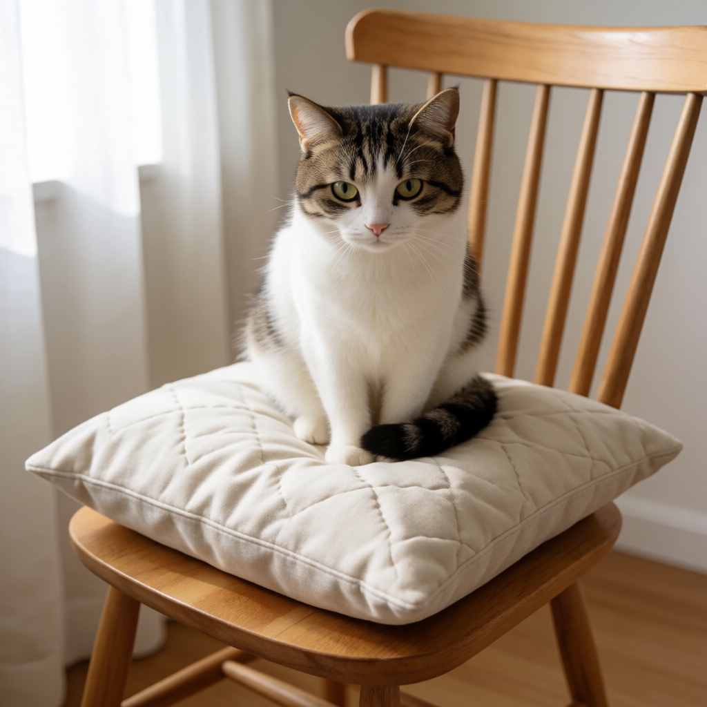 A cat sitting on a pillow, the pillow placed on a wooden cha