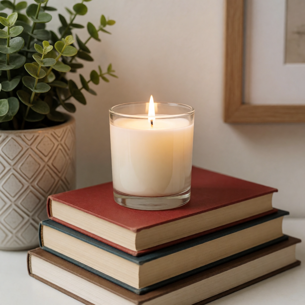 A candle on top of a stack of books, the books next to a pot