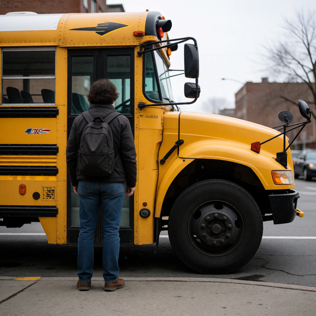 A person standing next to a yellow school bus, showing reali