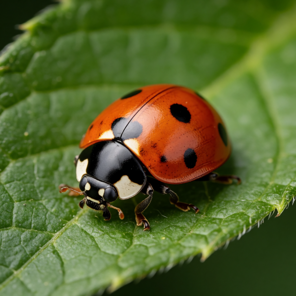 A ladybug sitting on a large green leaf, shown at realistic 