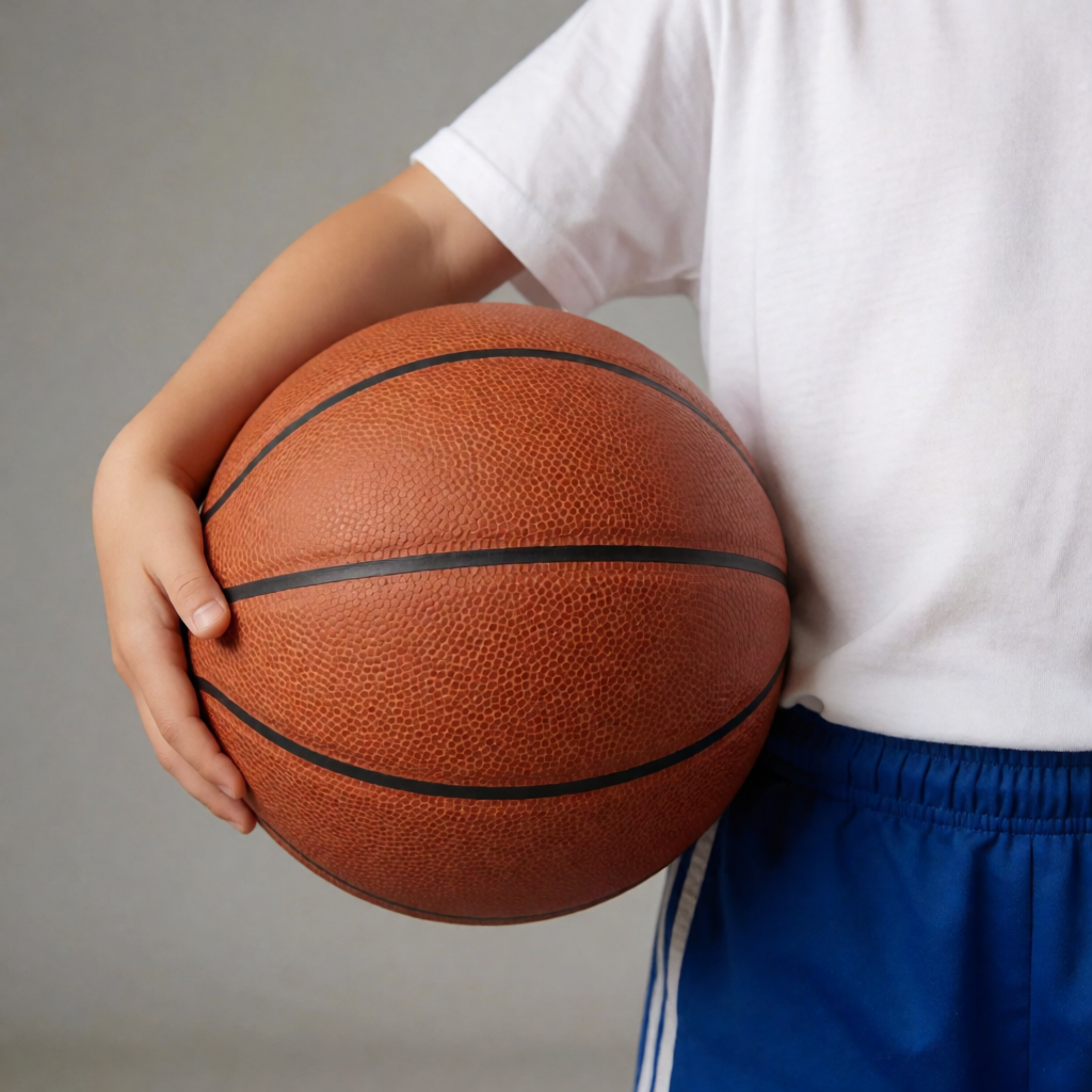 A child holding a basketball, both at correct relative sizes