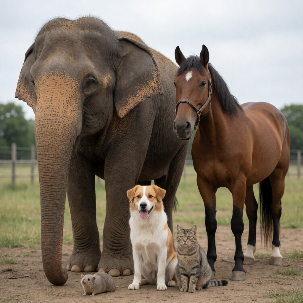 A group photo of an elephant, a horse, a dog, a cat, and a m