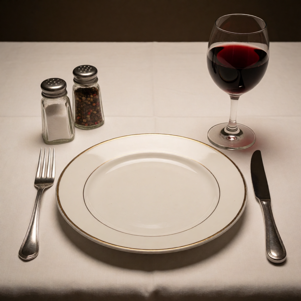 A dinner table scene with a plate, fork, knife, wine glass, 