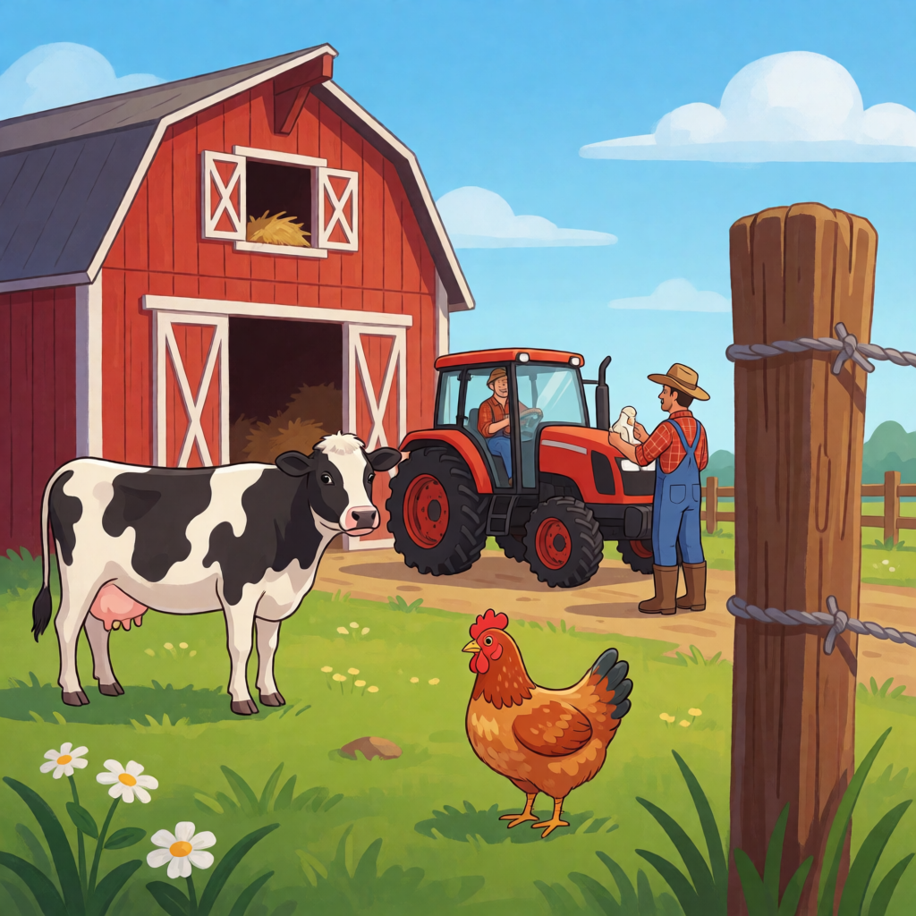 A farm scene with a barn, tractor, farmer, cow, chicken, and
