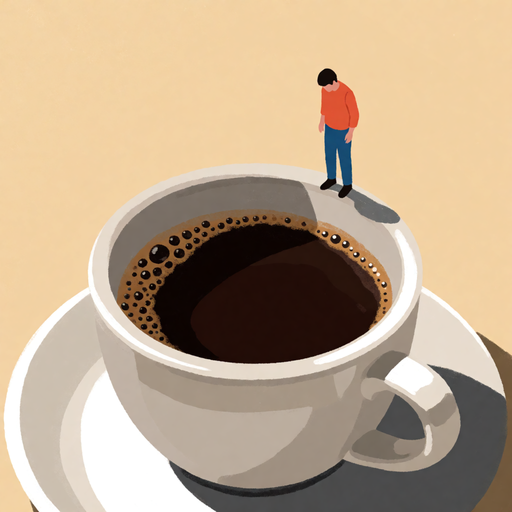 A tiny person standing on the rim of a coffee cup, looking d