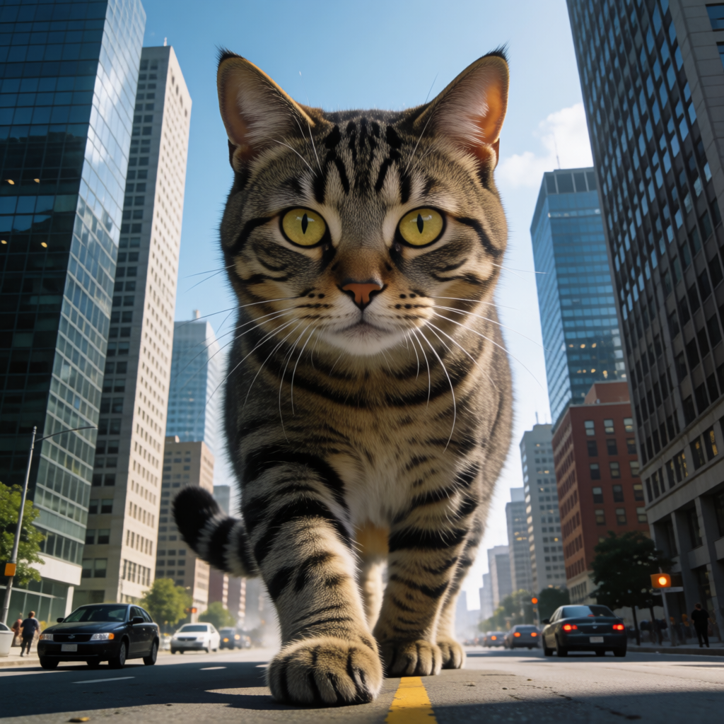 A giant tabby cat walking between city skyscrapers like a ka