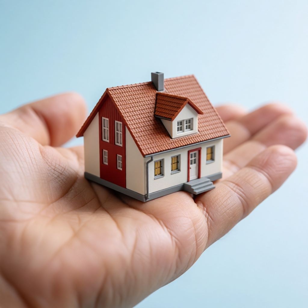 A miniature house sitting on the palm of someone's hand