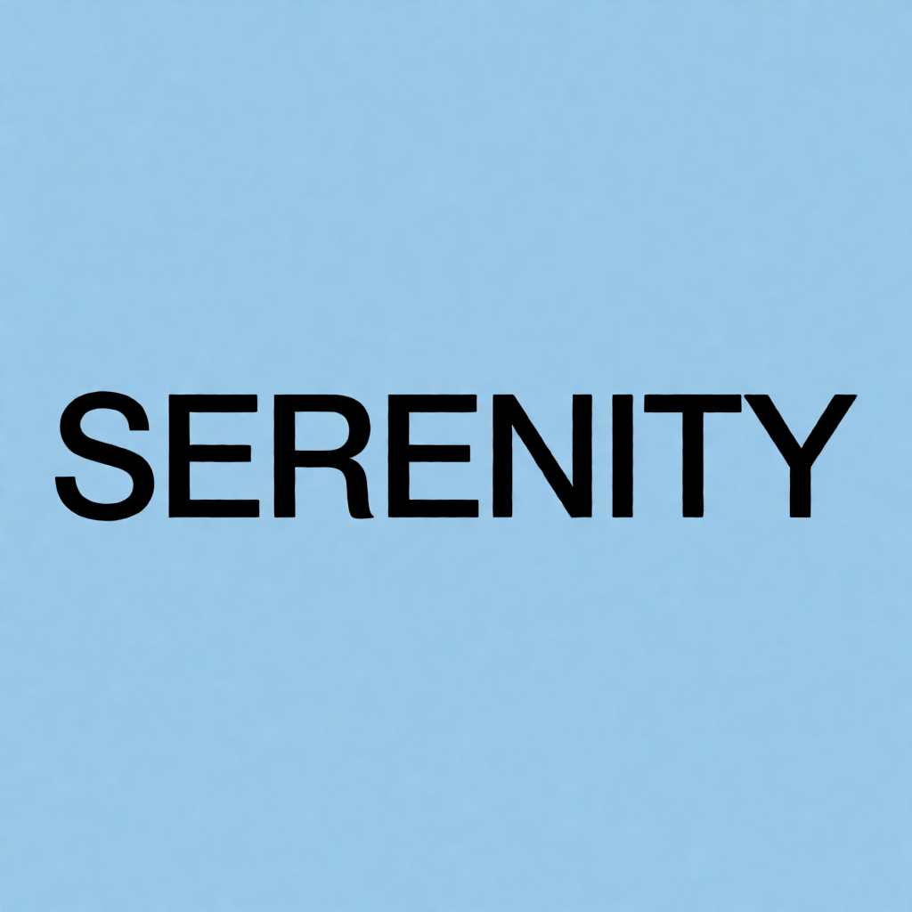 The word 'SERENITY' written large and centered on a solid li
