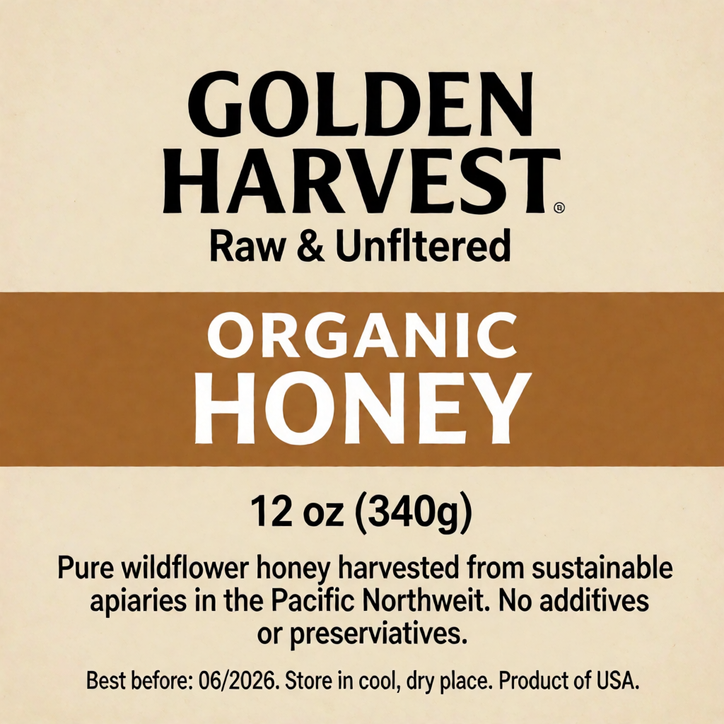 A product label for 'GOLDEN HARVEST ORGANIC HONEY' with subt