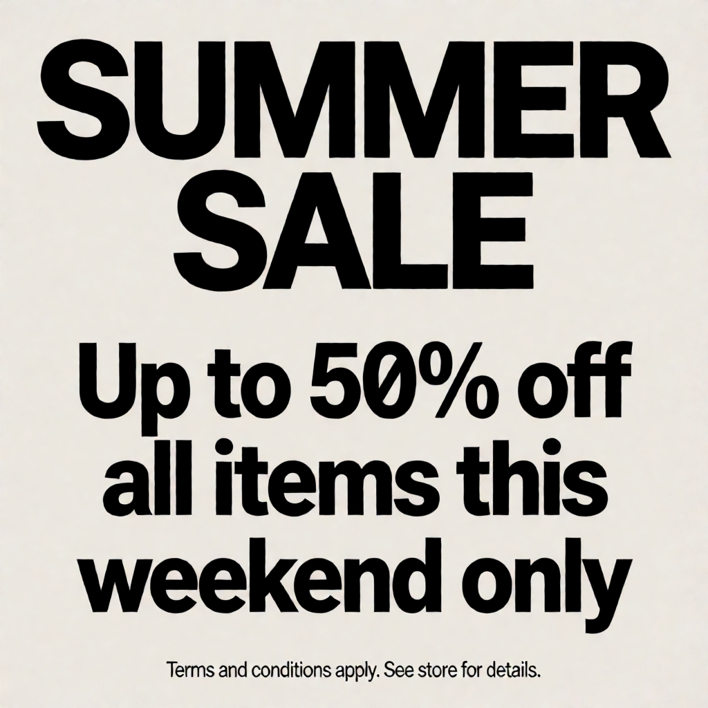A poster with headline 'SUMMER SALE' in large bold text, bod