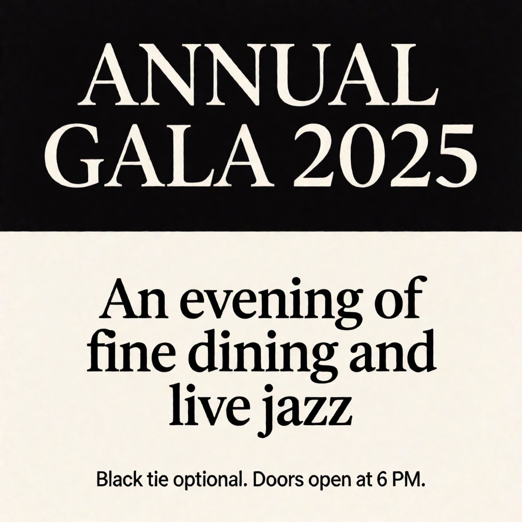 An event banner with headline 'ANNUAL GALA 2025' at the top 